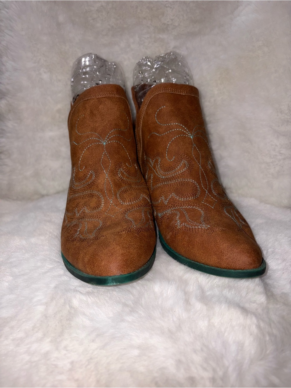 Chestnut Suede Western-Style Ankle Booties with Contrast Sole